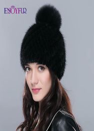 ENJOYFUR real mink fur hat for women winter knitted mink fur beanies cap with fox fur pom poms new thick female cap Y2001024881874