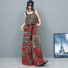 Women's Pants 2pcs Summer Wide Leg Set Women Floral Print Denim Camis Tank Tops Chinese Style Printing Floor Length Long Trousers Kit