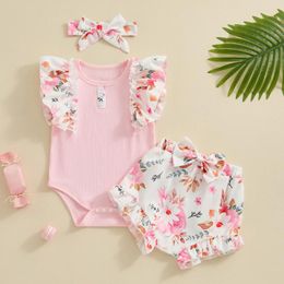 Clothing Sets Princess Summer Baby Girls Shorts Outfits Cute Floral Print Sleeve Romper With Bow Ruffled Heaband Kids Clothes Set