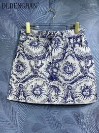 Skirts DLDENGHAN Spring Cotton Print Skirt Women's High Waiste Pockets Street Mini Fashion Designer