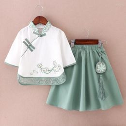 Clothing Sets Children Girls Clothes 2024 Summer Chinese Style Two-piece Set Flower Print Long-sleeved Lace Hem Top Solid Skirt