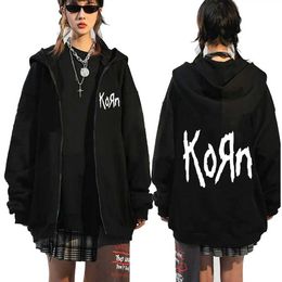 Men's Hoodies Sweatshirts Korn Rock Band Letter Zipper Hoodie Mens Metal Gothic Vintage Oversized Zip Up Hoodies Strtwear Punk Sweatshirts Jackets T240515