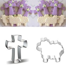 Baking Moulds 2pcs Patisserie Reposteria Cross Sheep Stainless Steel Cookie Cutters Fondant Cake Decor Tools Pastry Shop Biscuit Mould