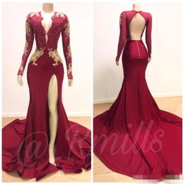 2019 Dark Red Sexy Mermaid Prom Dresses with Gold Lace Applique Beaded Deep V Neck Backless Sweep Train Formal Occasion Wear Custom Mad 303P