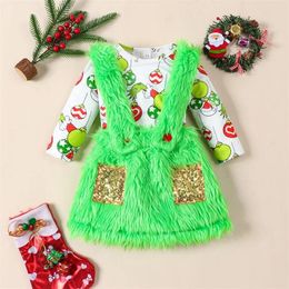 Clothing Sets Baby Girls 2 Piece Outfits Christmas Ball Print Long Sleeves Romper And Plush Suspender Green Skirt Fall Spring Clothes