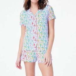 Rainbow Monkey Print Comfy Lounge Pyjama Y2K Vintage Short Sleeve Blouse Shirt Top Shorts 2 Piece Set Outfits Women Sleepwear 240516