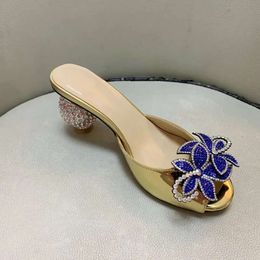 Ladies 2024 women Genuine real leather high heels summer sandals bead 3D flower Flip-flops slipper slip-on wedding dress Gladiator shoes diamond Ballots 2 75d6