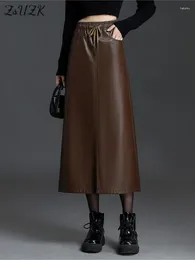 Skirts ZUZK Elastic Waist Casual Pu Leather Skirt Women 2024 Autumn Winter Elegant Drawstring Comfort Office Lady