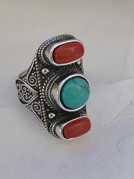 Decorative Figurines Silver Inlaid Turquoise Gem Handmade Handring Adjustable Bodyguard Lucky Ring