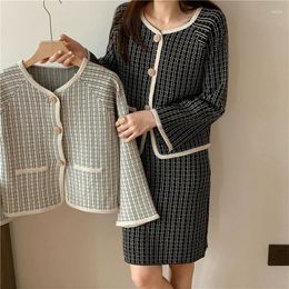 Work Dresses Women Autumn/Winter Fragrance Sets Plaid Cardigan Top Half Length Short Skirt Two Piece Suits