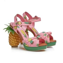 leather 2024 Ladies Chunky pineapple 11CM high heel SANDALS 3.5CM platform open peep-toes European American palace buckle print fruit cut SHOES size 34-43 b286