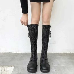 Stivali Nuovo pizzo di primavera su tela su tela da donna nera tondo tondo ginocchiere a ginocchio alto stile britannico camminata H240516