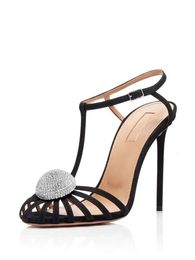 women 2024 lady ladies suede leather 9.5CM Stiletto high heel Sandals Dress shoes ball diamond Pumps sandals solid buckle Narrow Band wedding party size 34-42 4ca0