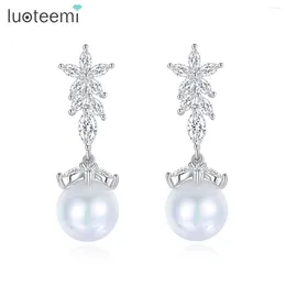 Dangle Earrings LUOTEEMI Flower CZ Pearl Drop Pendant Jewlry For Women Silver Color Temperament Elegant Dating Party Accessories