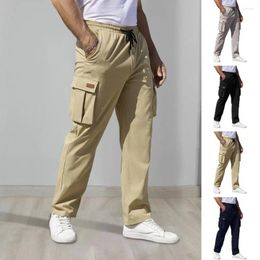 Men's Pants Men Drawstring Elastic Waist Solid Colour Multi Pockets Straight Soft Daily Wear Outdoor Long Cargo Trousers