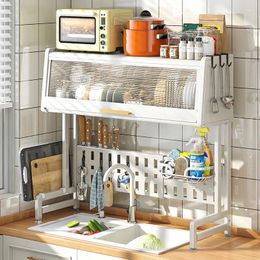 Kitchen Storage Sink Shelf Dish Rack Countertop Retractable With Door Cupboard Locker Draining