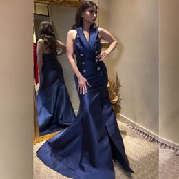 Navy Blue Mermaid Evening Dress Prom Gown V Neck Halter Backless Front Button Special Occasion Dress Side Split robe de soiree