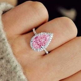 Band Rings Whitan Pink/Crystal Water Drop Cubic Zircon Ring Womens Classic Design Eternal Wedding Engagement Ring Silver Jewelry J240516