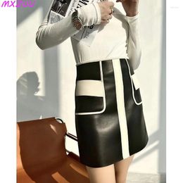 Skirts Simple Fashionable Black And White Stitching Sheepskin Short Faldas Cortas Sexys Women High Waist Slim Wrap Hip A-line Skirt