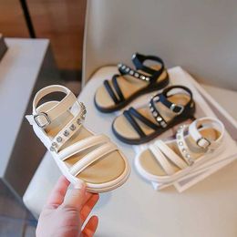 Sandals Summer New Girls Sandals Fashion Rhinestone Kids Princess Shoes Black Beige Crystal Baby Children Flat Heel Sandals Size 26-37 Y240515