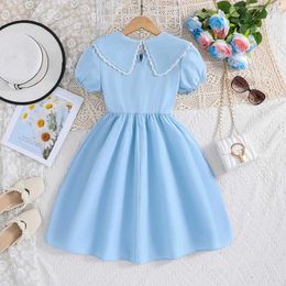 Girl's Dresses Summer Dress For 8-12 Years Kids Girls Blue Peter Pan Collar Puffy Sleeve Princess Dress Sweet Elegant Style Party Daily Clothes