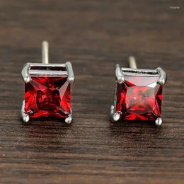 Stud Earrings 2024 Shiny Red Square Cubic Zirconia For Women Fashion Silver Colour Geometry Brides Wedding Jewellery Party Gift