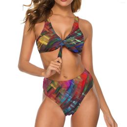 Women's Swimwear Abstract Brush Print Bikini Set Colorful Swimsuit Sexy Push Up High Waisted Beach Stylish Wear
