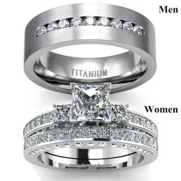 Wedding Rings Fashion couple ring mens CZ stainless steel womens square cut crystal Rhinestone set engagement Jewellery Q240514