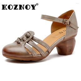 Dress Shoes Koznoy 6cm Women Sandals Chunky Heels Moccasins Fashion Natural Platform Flats Buckle Weave Cow Genuine Leather Hollow