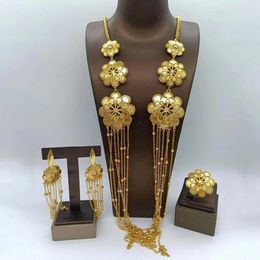 African Gold Color Jewelry Set for Ladies Bohemia Flower Design Long Chain Necklace and Earrings with Ring Weddings Gift 240507