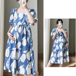 Maternity Dresses Maternity Summer Vacation Fashion Long Dress Sweet Floral Print Cotton Clothes for Pregnant Women Ruffle Pregnancy Y240516