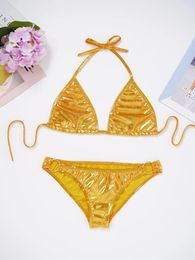 Women's Swimwear Womens Mini Bikini Swimsuit Metallic Shiny Pool Party Beach Bathing Suit Halter Lace-up Bra With O Ring Briefs