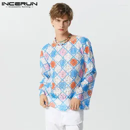 Men's T Shirts INCERUN Tops 2024 American Style Men Contrasting Colour Tracery Lace T-shirts Casual Loose Long Sleeved Hollow Camiseta S-5XL