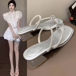 French Style Thick Heeled Slippers For Women's Outerwear, 2024 New Summer Rhinestone Clip Toe Sandals, Fairy Style High Heeled Sandals