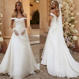 Milla Nova A Line Dress For Bride Off Shoulder Satin Country Wedding Dresses Backless Pleats Vestidos De Novia Designer Boho Bridal Gowns 0516