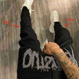 New Men S Black Jeans Jogging Retro High Waist Rhinestones Skinny Design Hole Hot Drilling Stretch Small Feet Washed Denim Pants Ea Fd