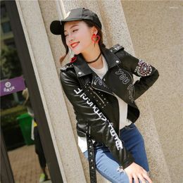 Women's Leather Word Print Fashion Women Smooth Motorcycle Faux Jackets Ladies Long Sleeve Autumn Winter Biker Streetwear Black Coat