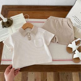 Clothing Sets 2024 Summer Baby Waffle Clothes Set Boys Turn Down Collar Tee Shorts 2 Pcs Girls Suit Toddler Outfit