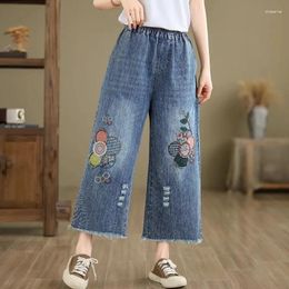 Women's Pants Spring Autumn Women Casual Sweet Floral Embroidery Ripped Denim Loose Cowboy Female Jeans Ankle-length U318