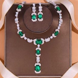 Wedding Jewelry Sets Stonefans Green Crystal African Set Square Pendant Womens Luxury Zircon Necklace Earrings Bridal Accessories