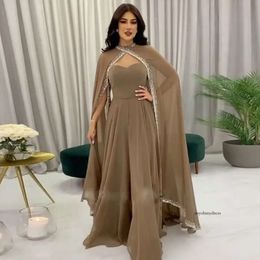 Dubai Brown Arabic Moroccan Kaftan Evening Dress with Cape Long Sleeve Crystal Muslim Formal Dresses Women Party Gowns 0516