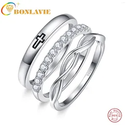 Cluster Rings BONLAVIE 925 Sterling Silver Round Princess Wedding Ring Set For Women Engagement Band Eternity Zirconia Jewelry