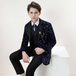 Elegant Blue Flower Boys Plaid Photography Suit Luxurious Boy Evening Party Prince Kids Birthday Wedding Tuxedo Dress