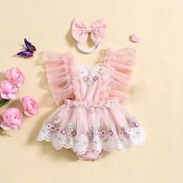 Girl's Dresses Cute Baby Girl Romper Dress Summer Fly Sleeve Flower Embroidery Lace Trim Tulle Bodysuits + Bow Headband Infant Toddler Outfits