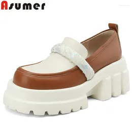 Dress Shoes ASUMER 2024 Loafers Genuine Leather Woman Ladies Thick High Heels Pumps Slip On Mixed Colours Platform
