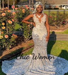 Party Dresses Plus Size Silver Black Girls Prom Dress 2024 With Crystal Nigeria African Mermaid Evening Gowns Sparkle Formal Birthday