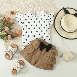 Clothing Sets Summer Toddler Baby Girl 2pcs Set Sleeve Frill Trim Dot Print Tops Elastic Waist 3D Bow Layered Ruffles Shorts Outfits