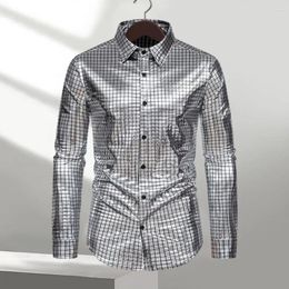 Men's Casual Shirts Men Chequered Shirt Glossy Club With Turn-down Collar Single-breasted Design For Stage Shows Costumes Long Sleeve
