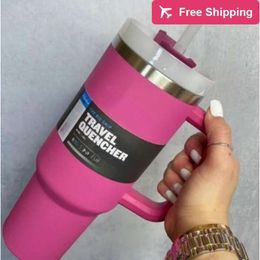 40oz Pink Tumblers Cup with Handle Insulated Stainless Steel Tumbler Lids Straw Car Travel Mugs stanliness standliness stanleiness standleiness staneliness O0SI