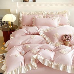 Bedding Sets 3Pcs Pink Korean Style Princess Lace Ruffles Skin-friendly Soft Flowers Embroidery Set Duvet Cover With Pillowcases